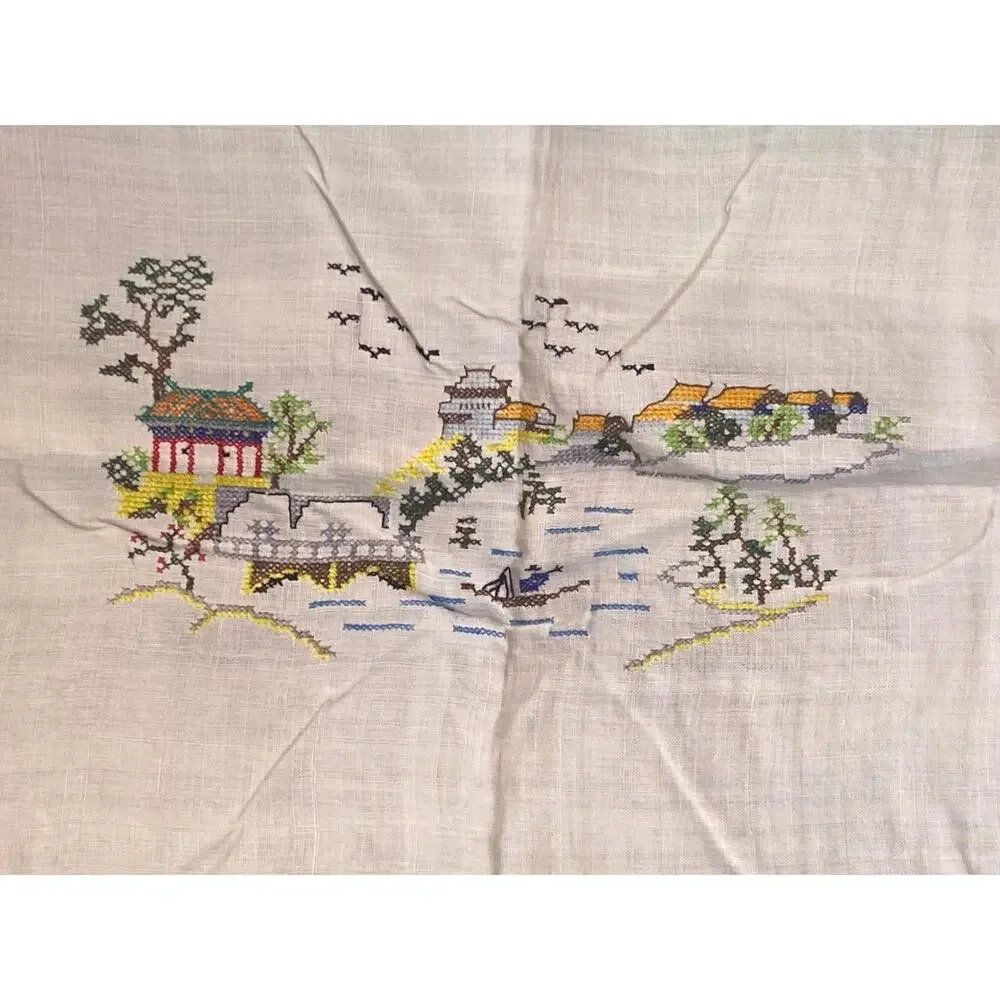 Vintage Chinese Linen Card Table Cloth Petit Embroidery Work 48x48
